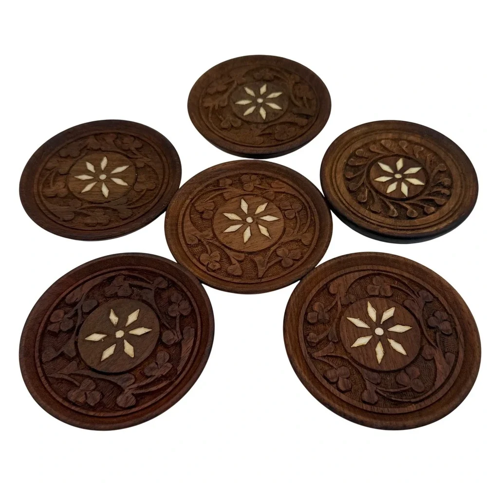 Vintage Busch Gardens Hand-Carved‎ Bone Inlay Wood Coaster Set - 6 Floral